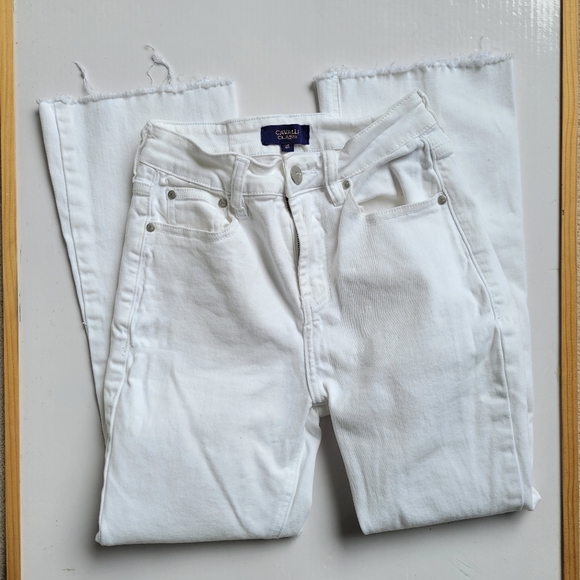 Cavalli Class Distressed Crop Flare Jeans - Picture 11 of 12